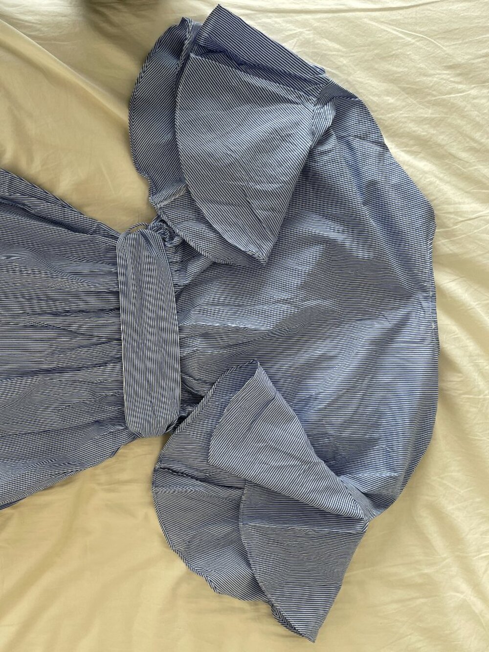Ruffle Blue and White Stripe Wrap Dress in Medium - Picture 2 of 8